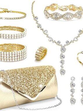 Stunning 9 Piece Complete Jewelry Set with Purse for Wedding or Prom Gold Tone